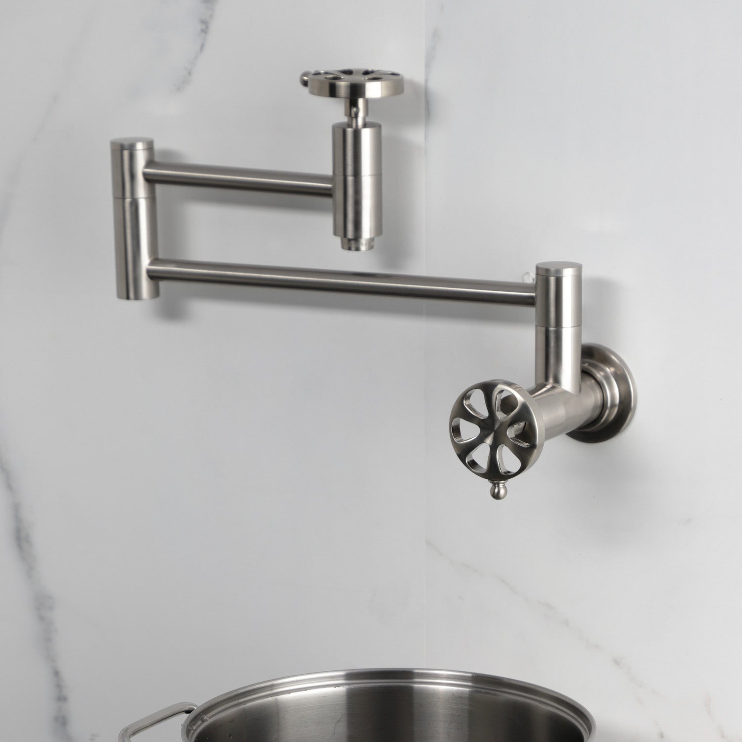 Belknap KS8108RX Brushed Nickel Two Handle Wall Mount Pot Filler Faucet - Perfect for Kitchen Sink, Stove & Cooking Area