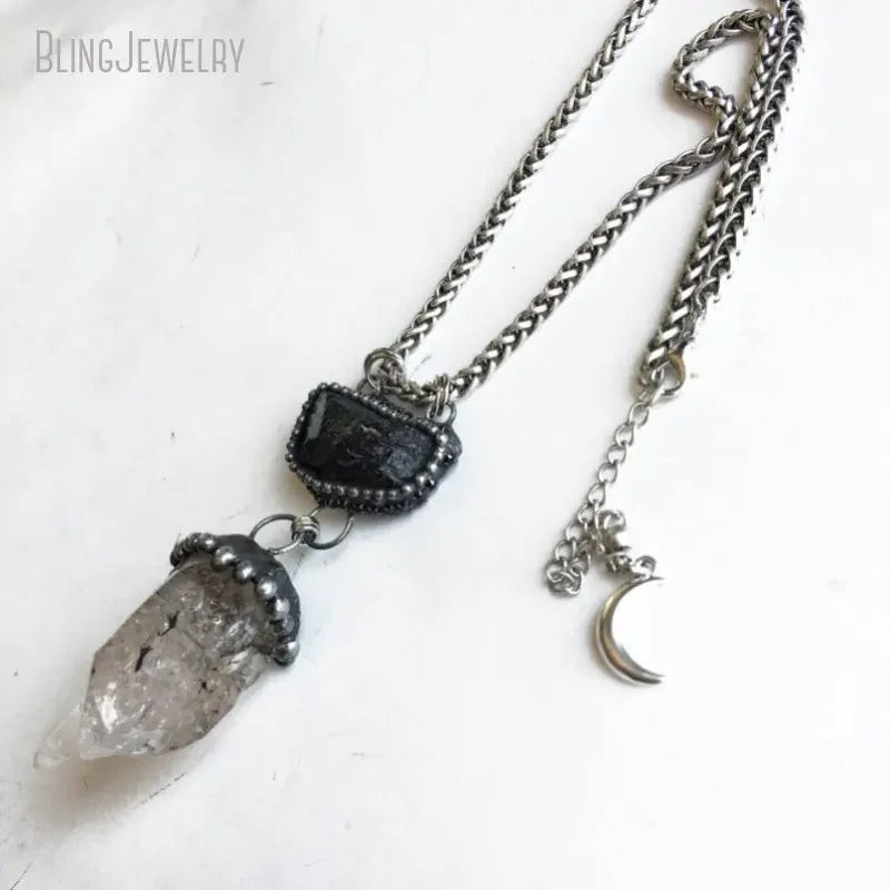 10pcs Raw Black Tourmaline Herkimer Quartz Crystal Necklace - Natural Schorl Gemstone Jewelry for Women, Goth Witch Wicca Boho Style, Perfect for Spiritual Healing, Meditation & Fashion Accessories