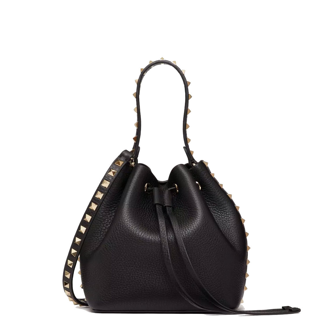 Valentino Rockstud Buckle Detail Leather Bucket Bag in Black | Luxury Shoulder Handbag for Women | Perfect for Evening Parties & Date Nights