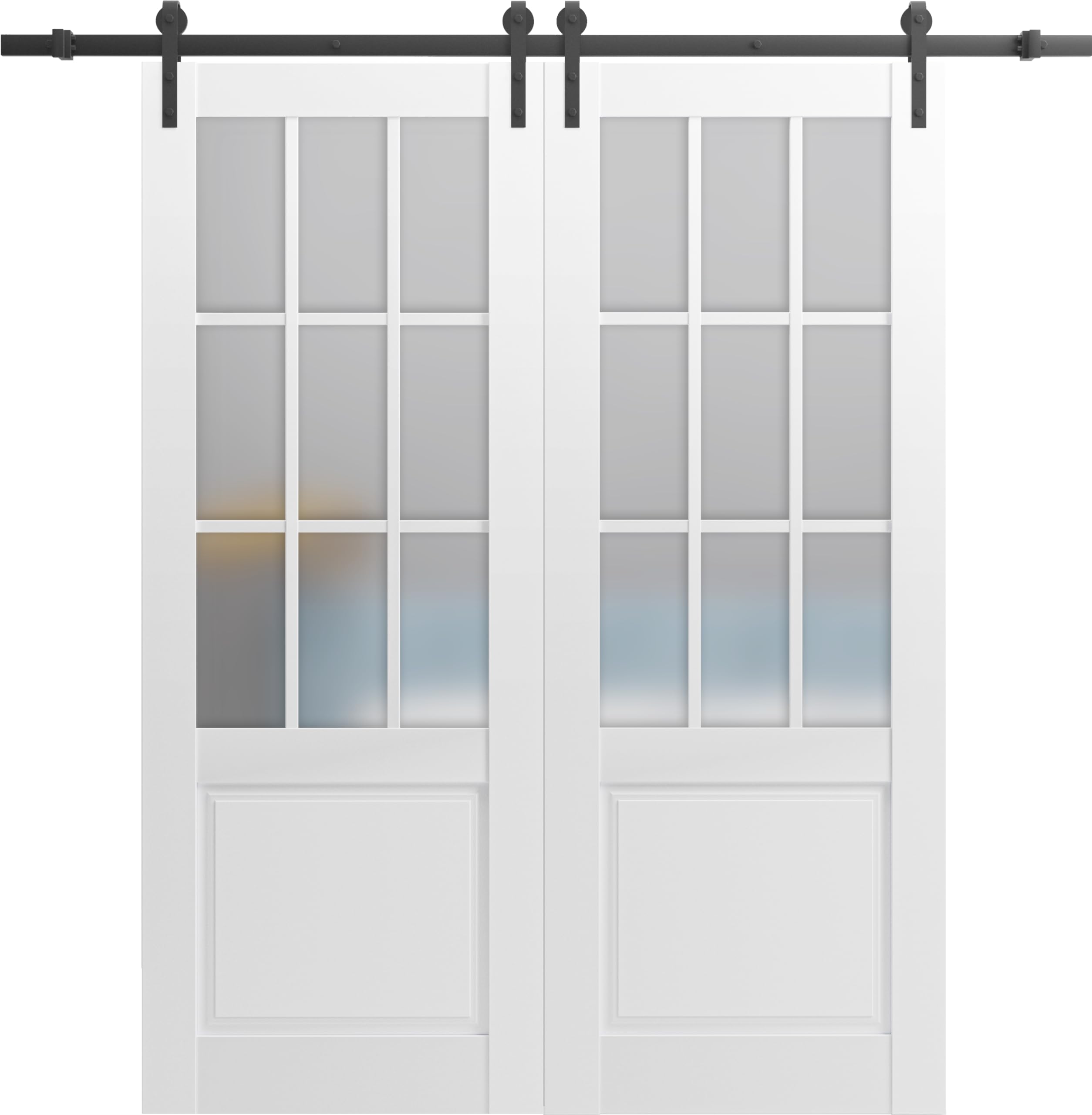 Felicia 3309 Matte White 56x84 Inch Frosted Glass 9-Lite Double Barn Door with 13FT Top Mount Rail Hangers - Heavy Duty Solid Panel Interior Doors for Farmhouse, Rustic, or Modern Home Décor