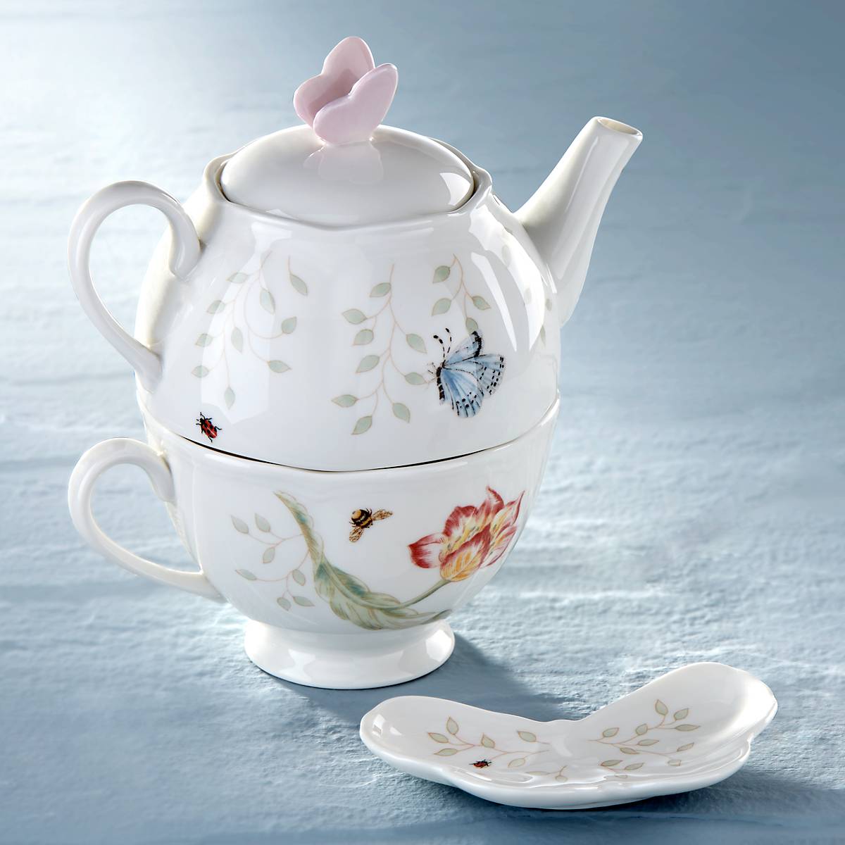 Butterfly Meadow 3-Piece Porcelain Tea Set - Floral Tea Cups with Saucers & Teapot for Afternoon Tea, Garden Parties & Home Decor