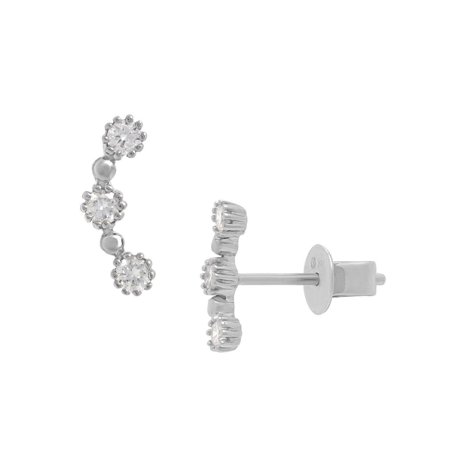 18K White Gold Three Stone Diamond Bezel Ear Climber Earrings - Elegant Dangle Earrings for Women, Perfect for Weddings, Parties & Special Occasions