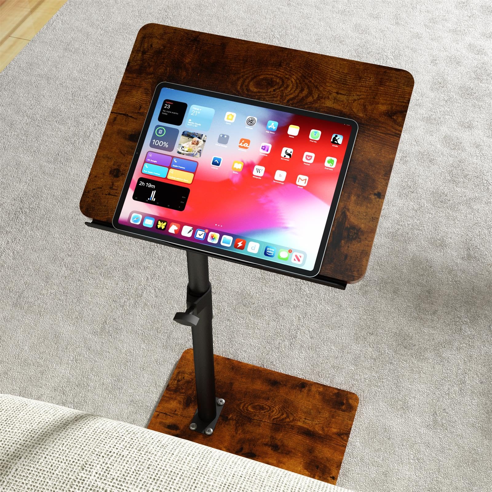 360° Swivel Adjustable Couch Armrest Tray Table - Height Adjustable Side Table for Sofa, Bed & Chair with Phone/Tablet Slot - Perfect for Snacking, Reading & Working in Small Spaces (Rich Finish, Angle Adjustable)