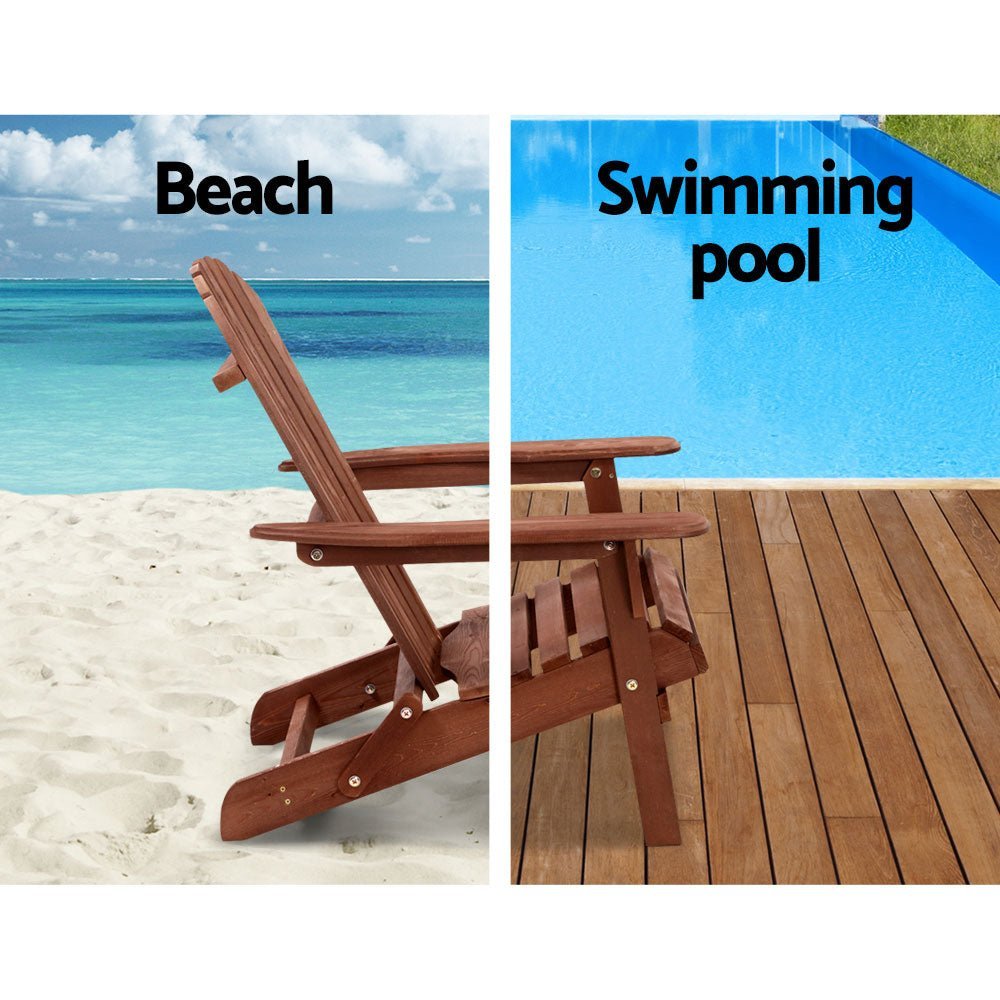 3PC Adirondack Outdoor Table and Chairs Set - Foldable Wooden Patio Furniture for Garden, Beach, Poolside - Weather-Resistant Brown Finish for Backyard Relaxation
