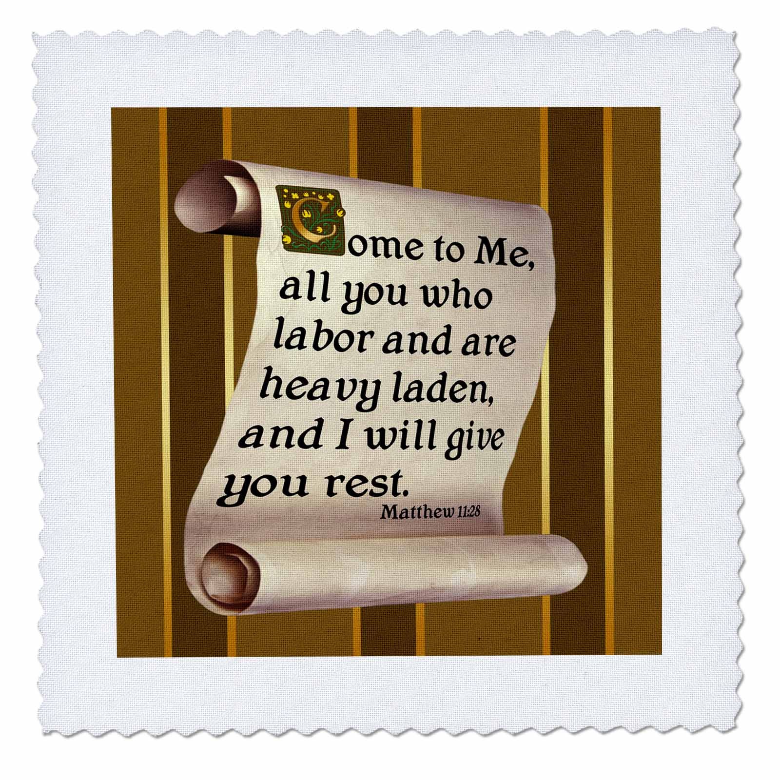 3D Rose Matthew 11:28 Verse on Scroll - Illuminated Medieval Text Quilt 10x10 - Perfect for Home Decor, Wall Hanging & Christian Gift