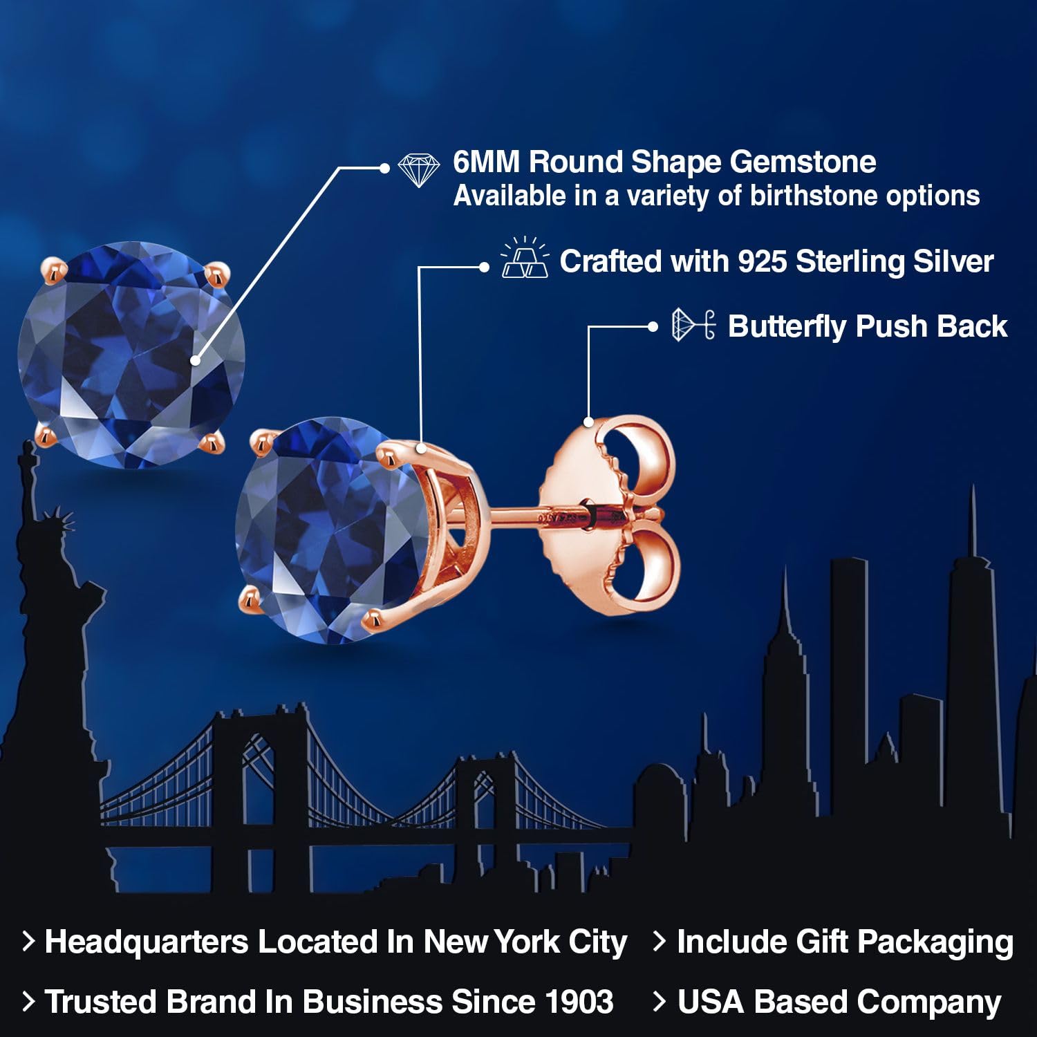 18K Rose Gold Plated Silver 6MM Round Birthstone Stud Earrings for Women & Men | Gemstone Jewelry Gift for Birthday, Anniversary & Special Occasions | Elegant Everyday Wear & Party Accessories