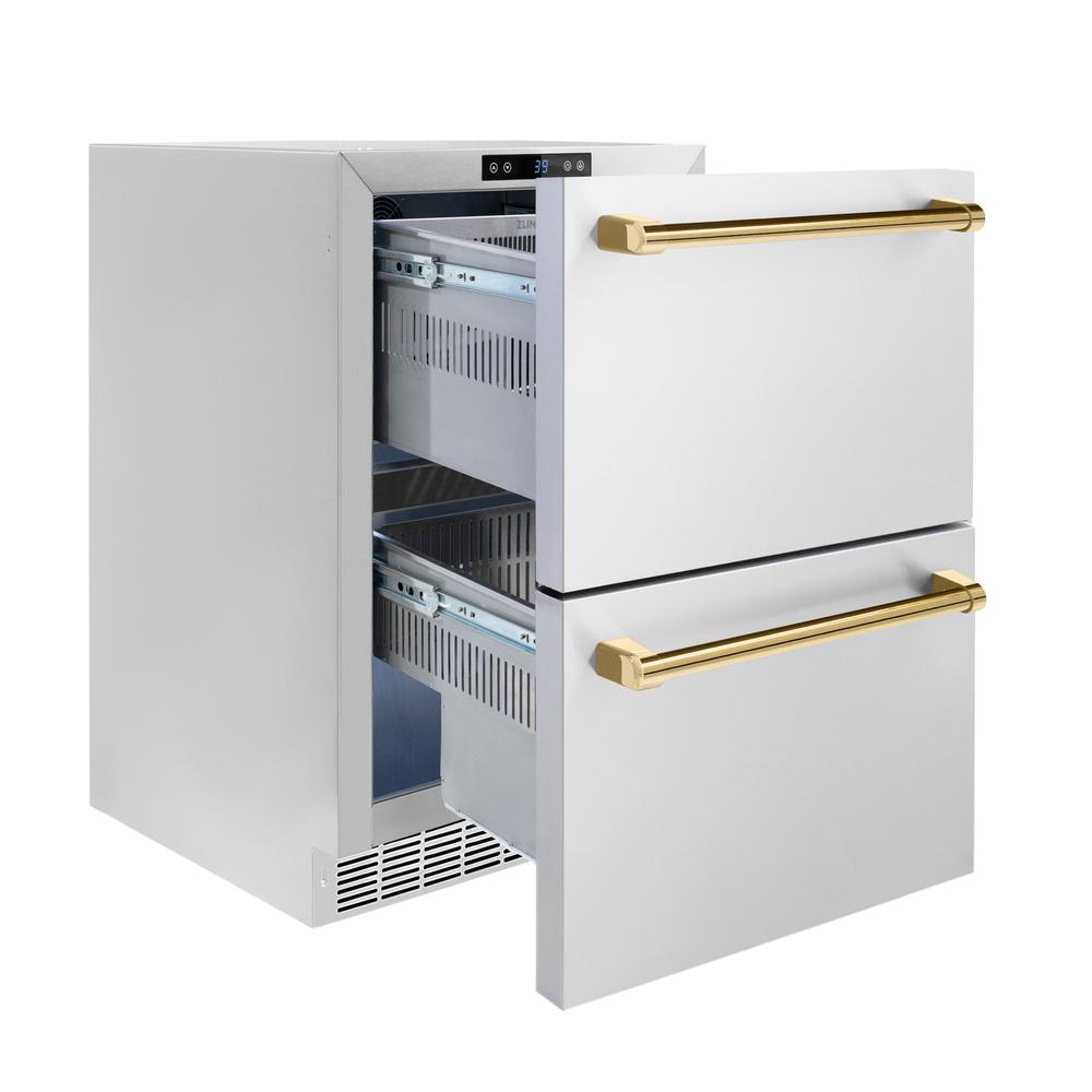 ZLINE Autograph Edition 24 Inch Stainless Steel Outdoor Refrigerator Drawer - Dual Zone 168 Can Capacity with Polished Gold Handles (RDSOZ ST 24 G) - Perfect for Outdoor Kitchens, Patios, and Entertaining Areas