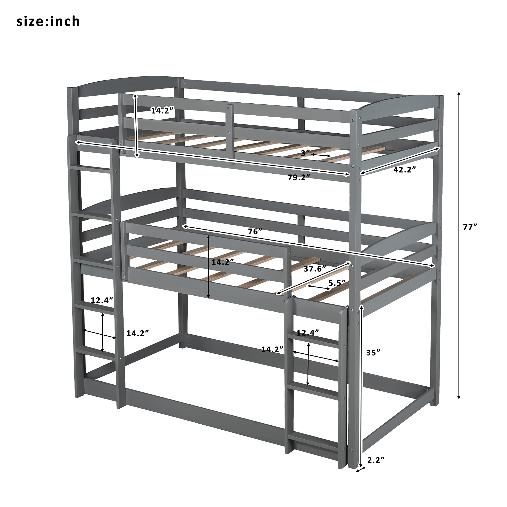 Solid Wood Triple Bunk Bed for Kids - Twin Over Twin Over Twin Bunk Bed Frame with 2 Built-in Ladders & Safety Guardrail - Converts to Twin Bunk Beds or Loft Bed - Space Saving Kids Bedroom Furniture for Small Rooms, Shared Bedrooms & Vacation Homes (Gray)