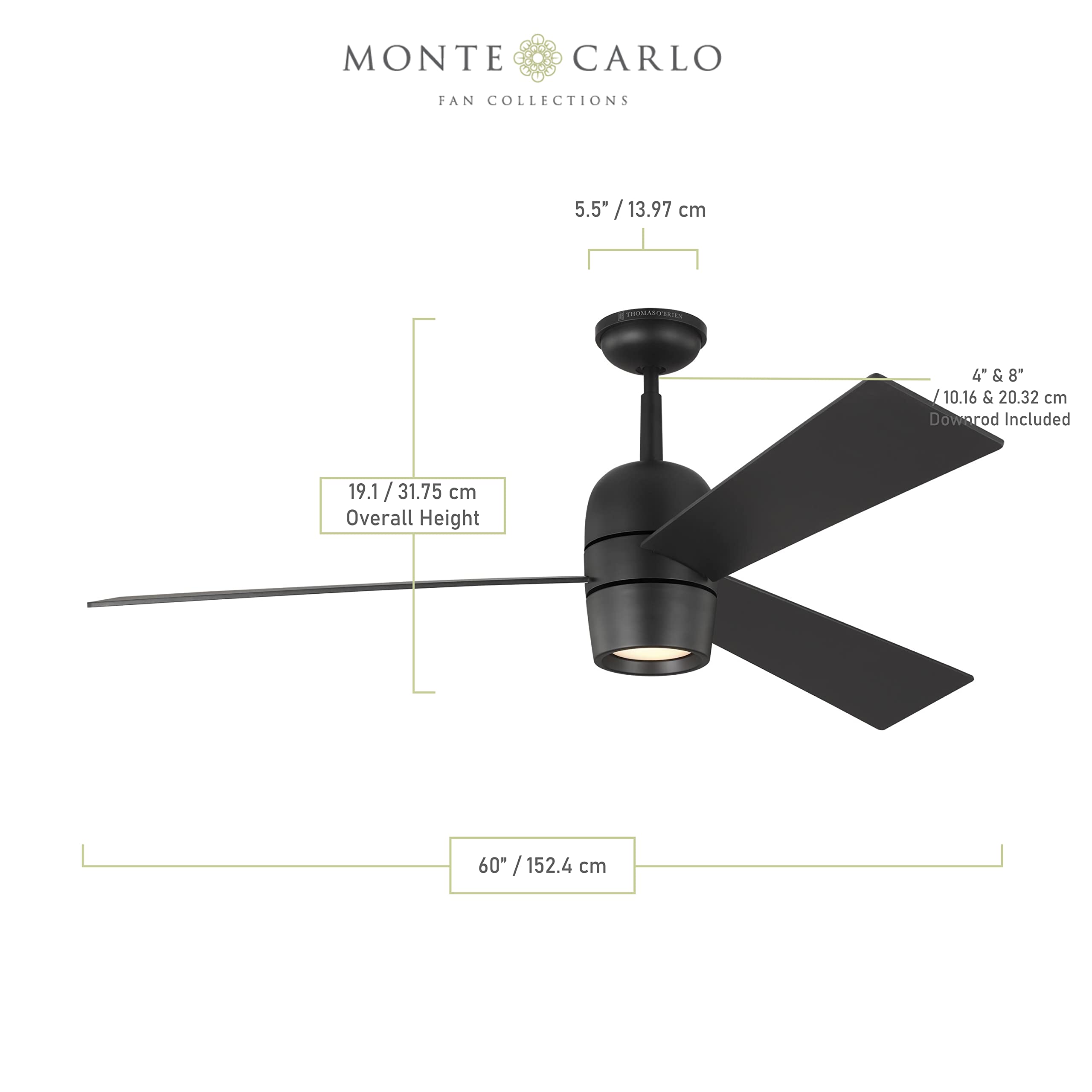 Monte Carlo 3ALBR60MBKD Alba 60-Inch Ceiling Fan with LED Light Kit & Remote Control, 3 Blades in Midnight Black - Perfect for Living Room, Bedroom & Outdoor Patio Cooling