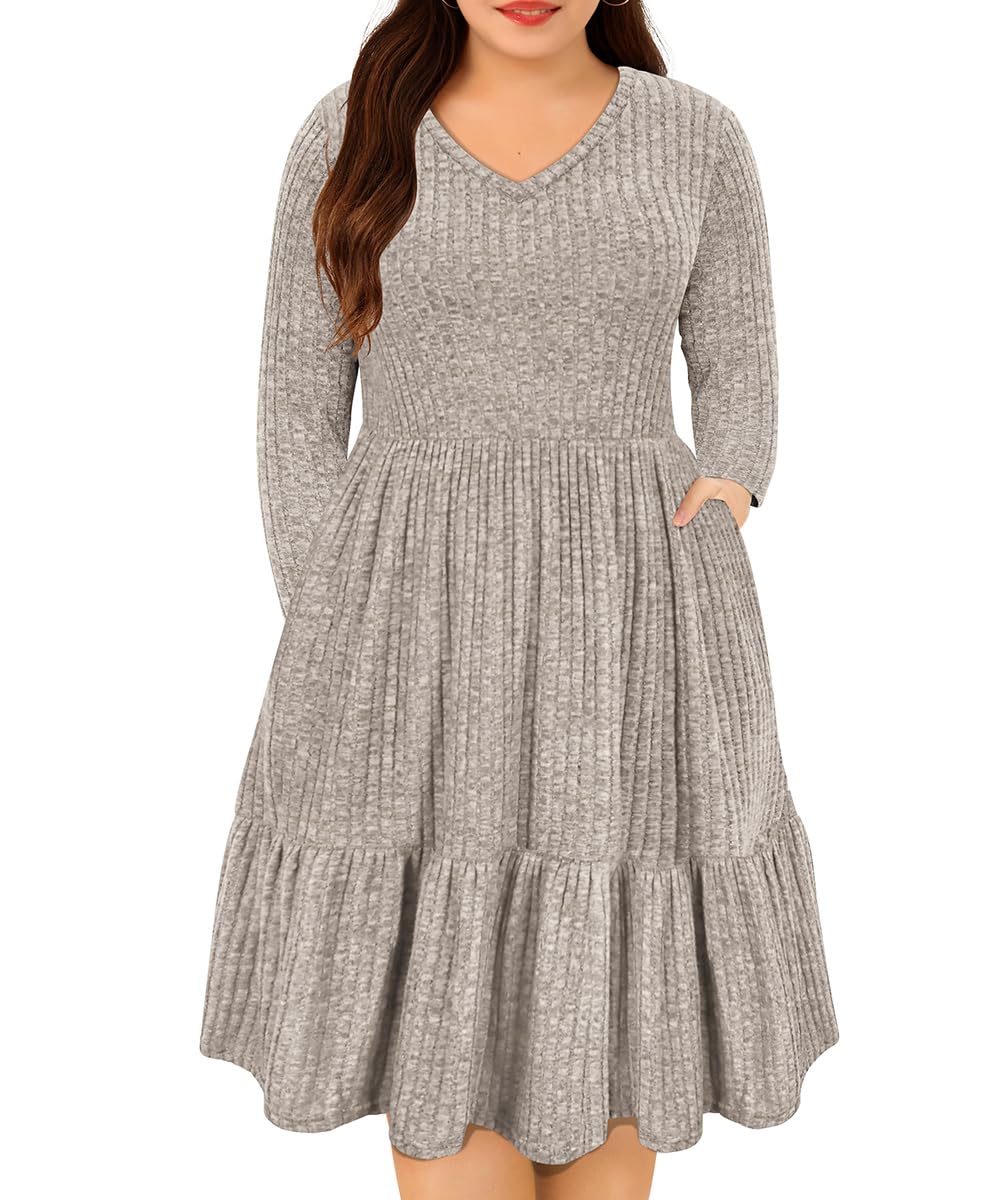 **Plus Size Dresses for Women - CARCOS Curvy Crew Neck & V-Neck Long Sleeve Knee-Length Dress with Pockets (XL-5XL) | Fall Winter Fashion for Work, Church & Casual Outings**