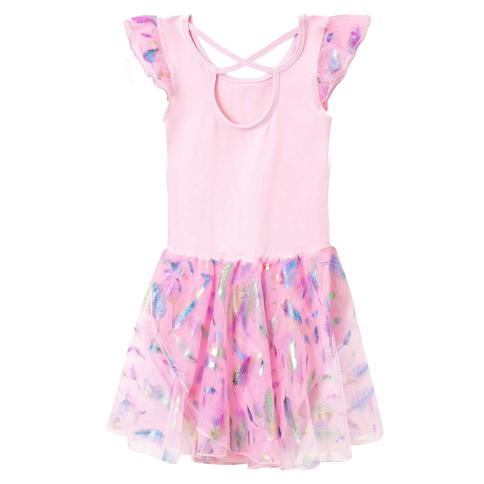 Phineein Girls' Flutter Sleeve Criss-Cross Back Dance Leotard - Ballet Gymnastics Leotard with Dress Cutout Back for Kids Dance Class & Performance