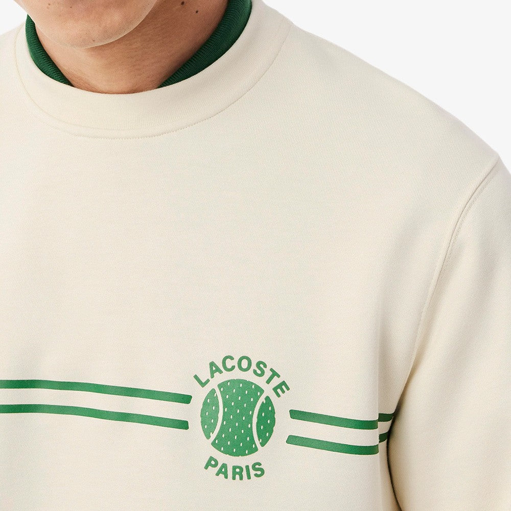 Lacoste Men's Paris Printed Tennis Sweatshirt - Cream & Green Cotton Pullover for Casual Wear & Sports | Gym, Tennis, Street Style Fashion