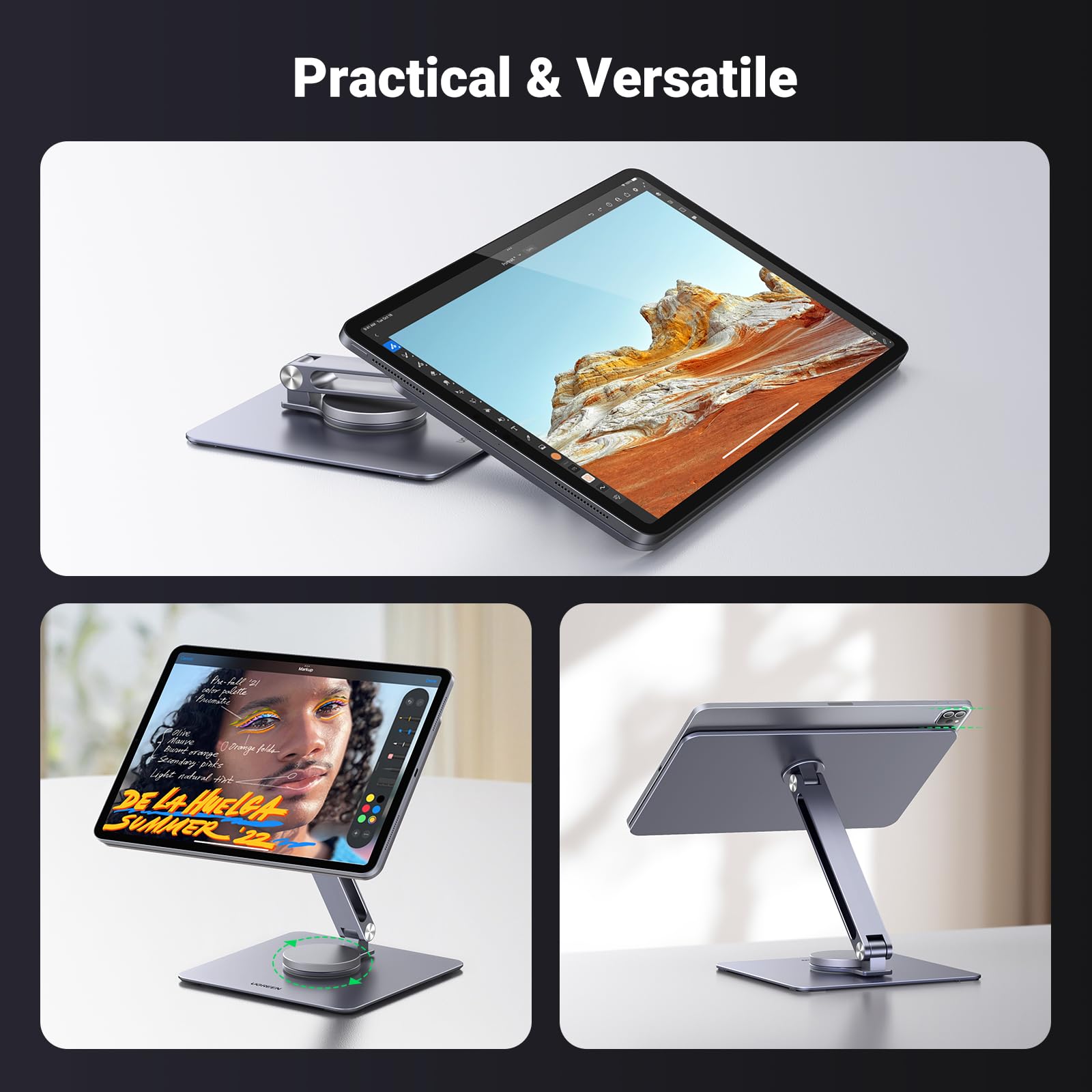 UGREEN Magnetic Stand for iPad Pro 12.9 (2020-2024) & iPad Air 13 - 360° Rotating Aluminum Holder with Adjustable Height, Foldable Design for Home Office, Travel & Desk Use