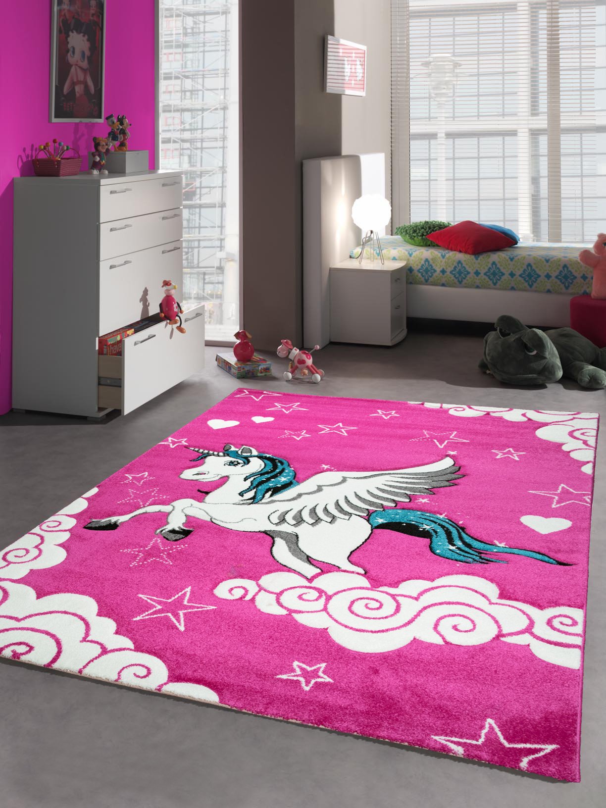CARPETIA Unicorn Play Rug for Kids - Soft Pink & Cream Nursery Carpet, 140x200 cm - Perfect for Playrooms, Bedrooms & Daycare Centers