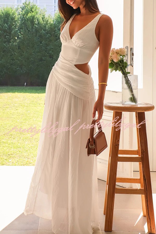 Elegant Solid Color V-Neck Waist Hollow Slim Maxi Dress for Women - Perfect for Summer Beach, Party & Evening Occasions