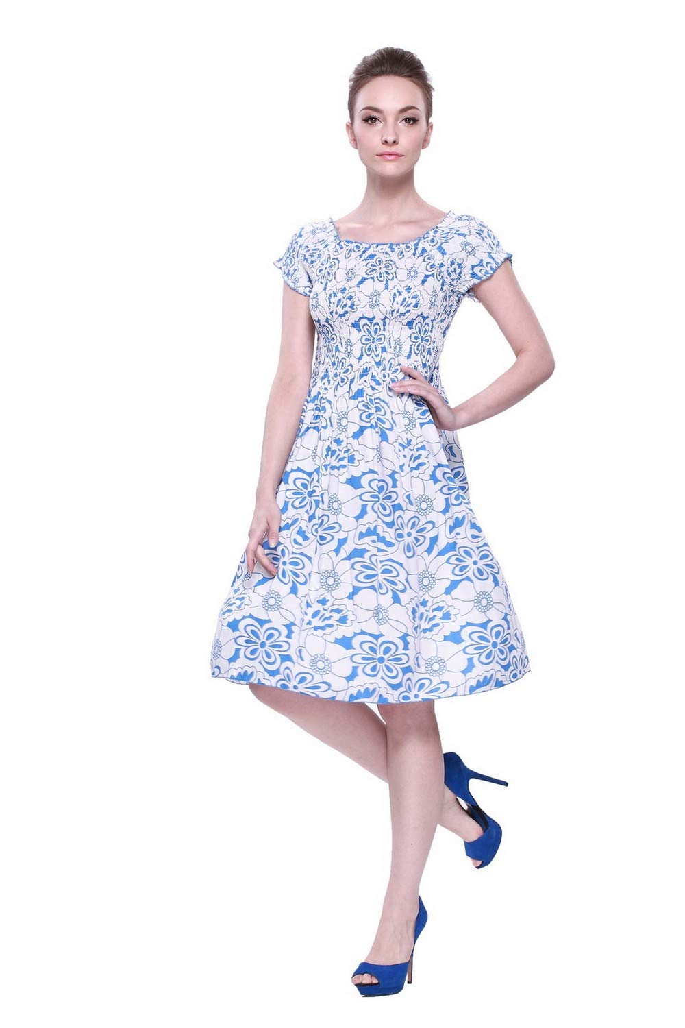 Women's Hawaiian Elastic Top Short Sleeve Dress - Sunset Red Floral Summer Beach Dress for Vacation, Party & Casual Wear