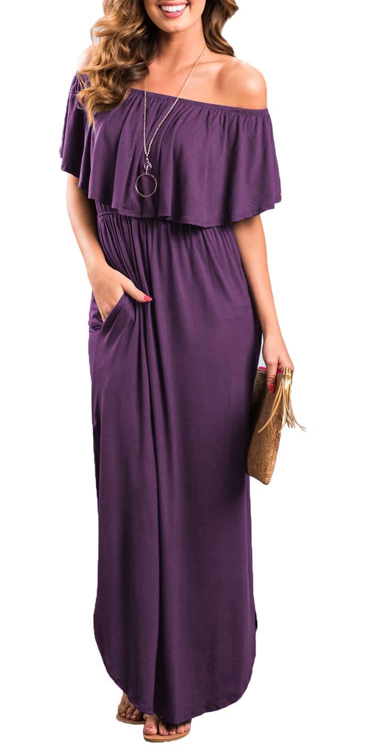 Women's Off The Shoulder Ruffle Party Dress with Side Slit - Flowy Beach Maxi Dress for Summer Vacations, Weddings & Night Out