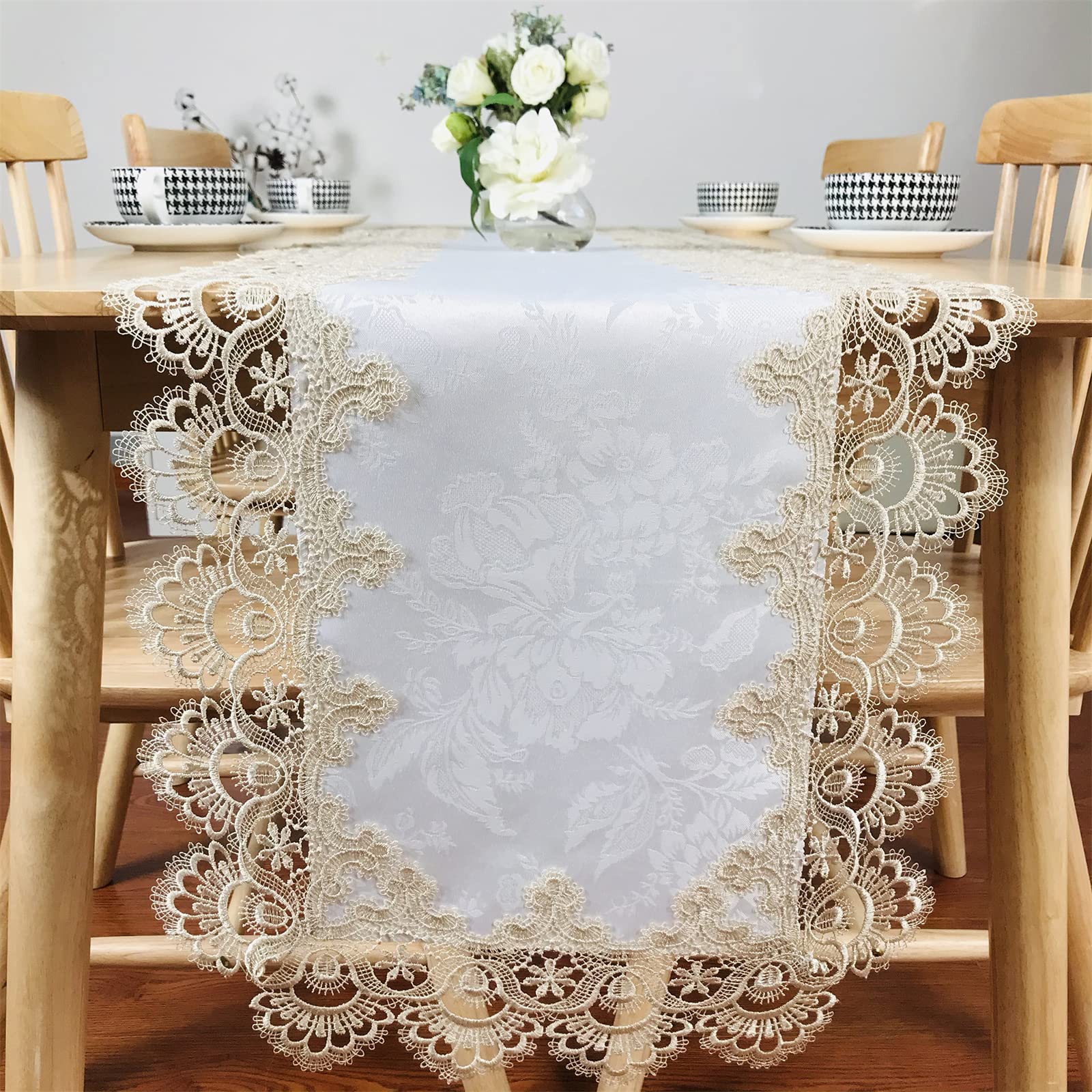 Beige Embroidered Lace Rectangle Table Runner 16x35 Inches - Washable Carnation Lace Fabric for Wedding, Dining Table, Dresser, Kitchen & Coffee Table Decor | Elegant Home & Party Decoration