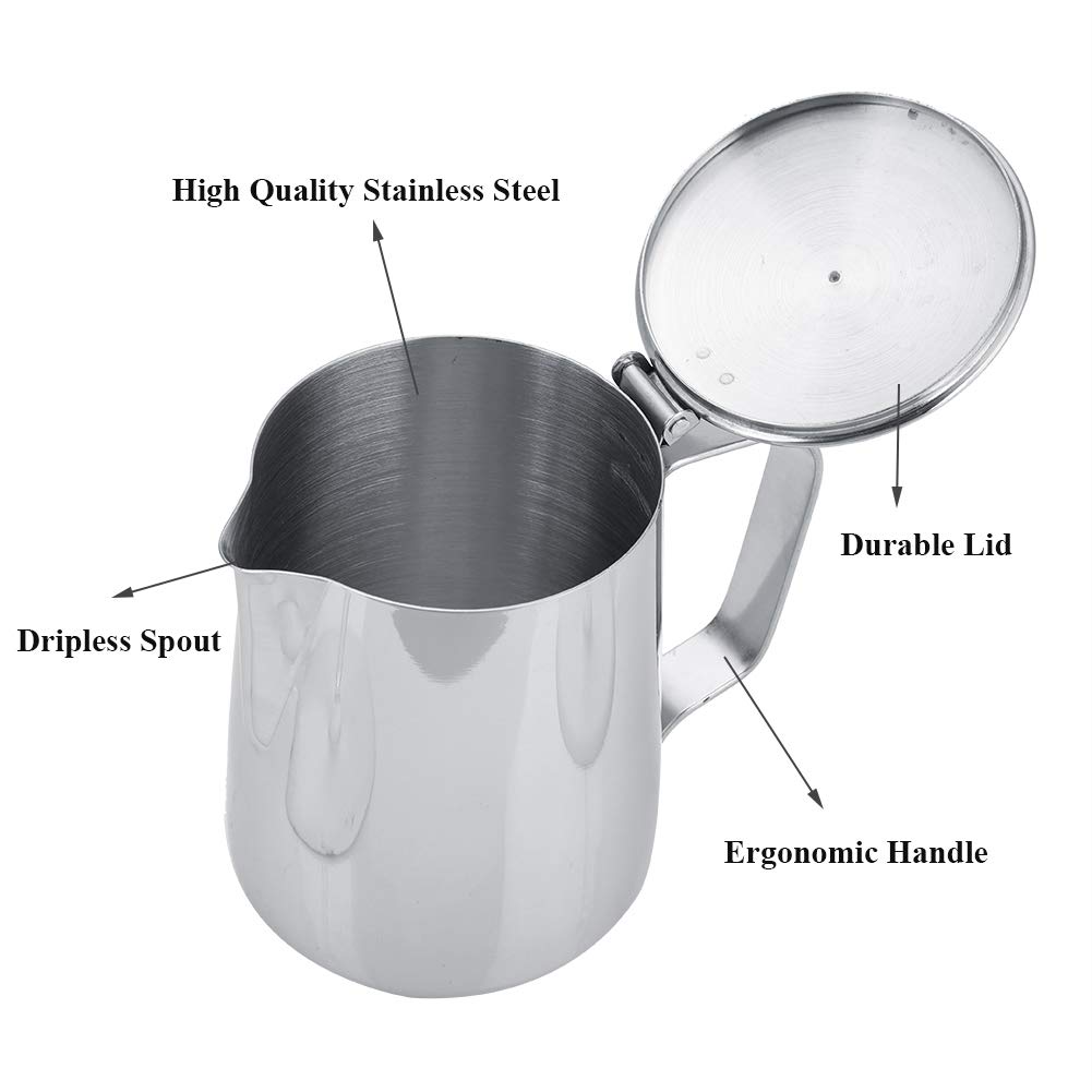 Stainless Steel Milk Frother Cup with Lid - 350mL Handheld Milk Steamer for Espresso, Cappuccino & Latte Art - Perfect for Home, Office & Kitchen Use
