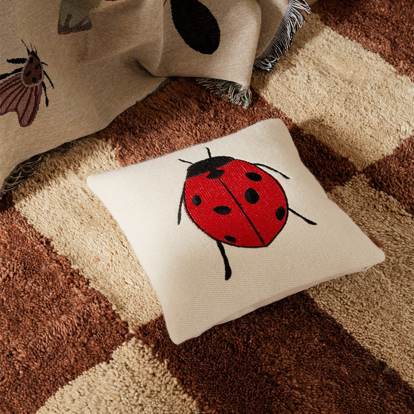 Ferm LIVING Forest Embroidered Cushion Cover - Ladybug Design, Boho Home Decor, Throw Pillow Case for Living Room, Bedroom & Nursery