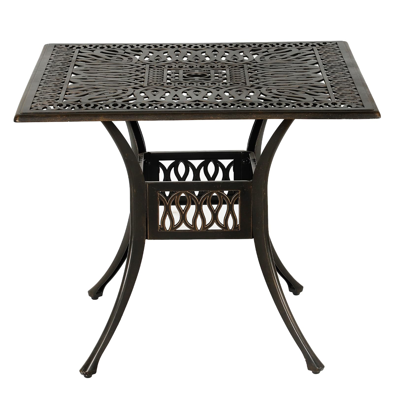 Grepatio 35.4 Inch Square Cast Aluminum Outdoor Dining Table with Umbrella Hole - Compact Bistro Table for Patio, Garden, Deck or Balcony - Antique Bronze Finish Conversation Table for Small Spaces