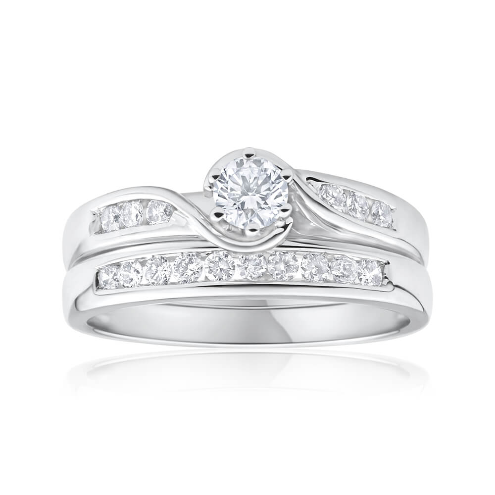 9ct White Gold 1/2 Carat Diamond Bridal Ring Set with 16 Diamonds - Elegant Wedding & Engagement Jewelry for Brides