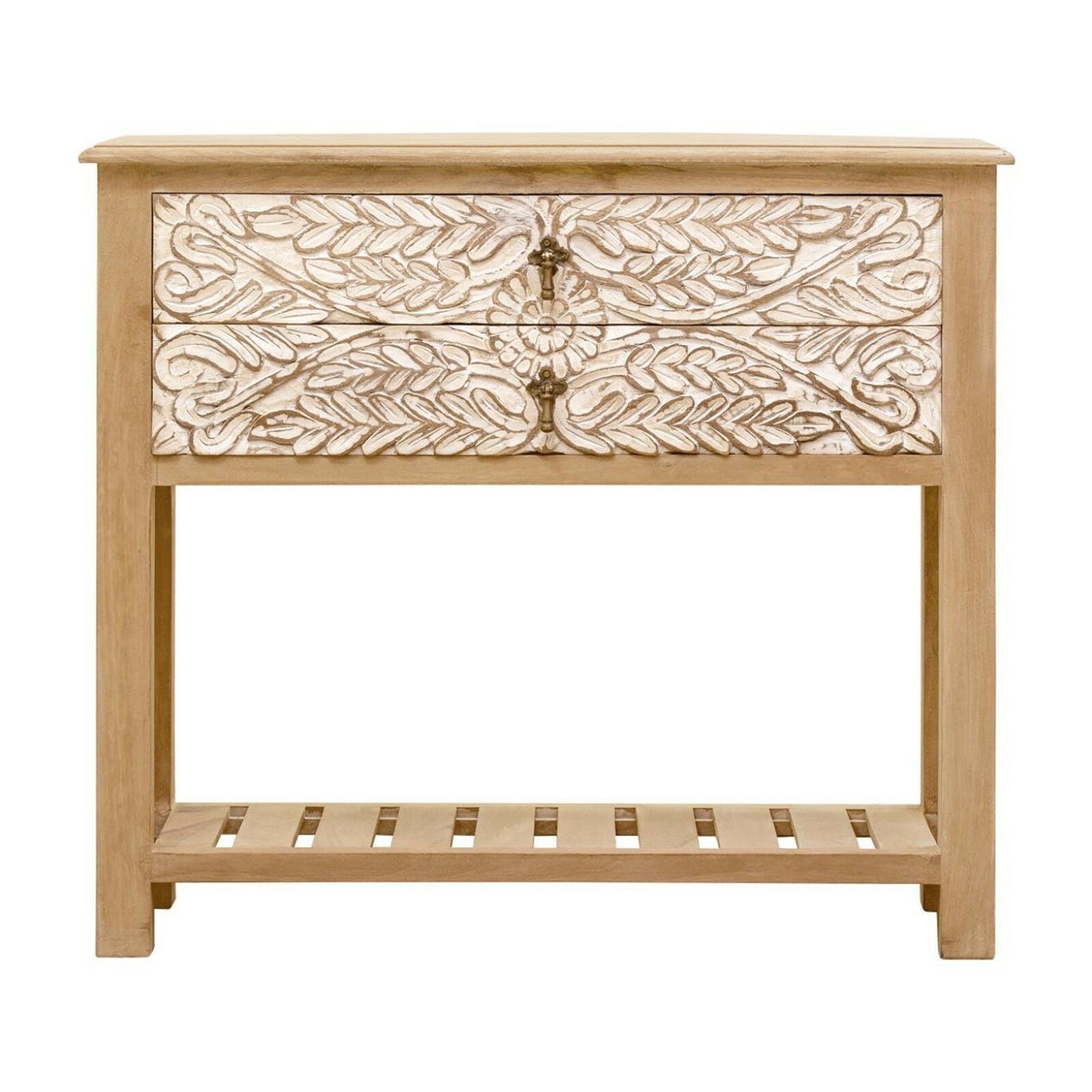 Floral Carved Solid Wood 2-Drawer Hallway Console Table - Elegant Entryway Furniture for Living Room, Bedroom & Foyer Decor