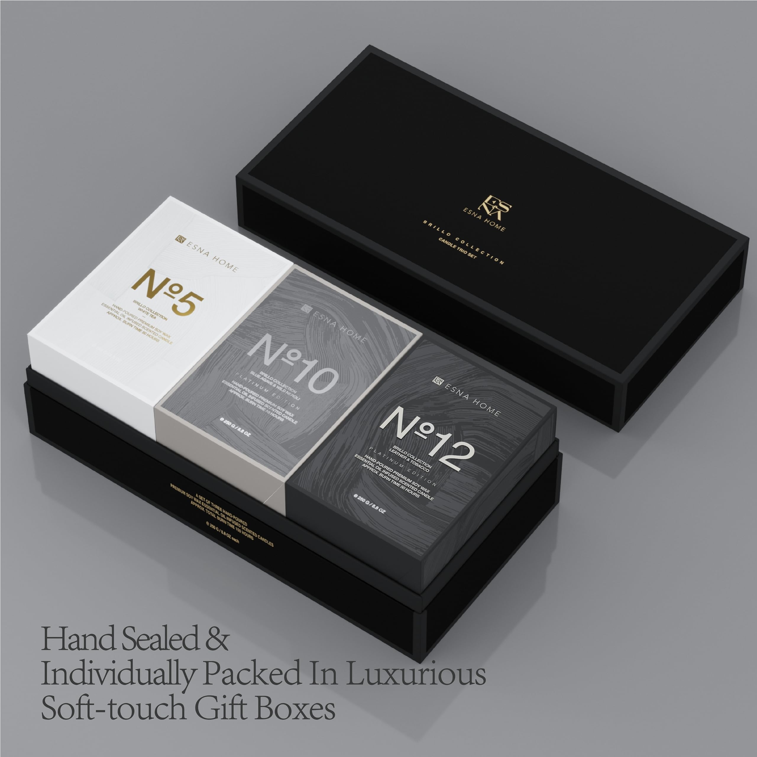 ESNA HOME Luxury Black Trio Set - 3 All-Natural Soy Scented Candles (150h Burn Time) | Perfect Aromatherapy Gifts for Women, Engagement Present | Ideal for Home Decor, Relaxation & Romantic Ambiance
