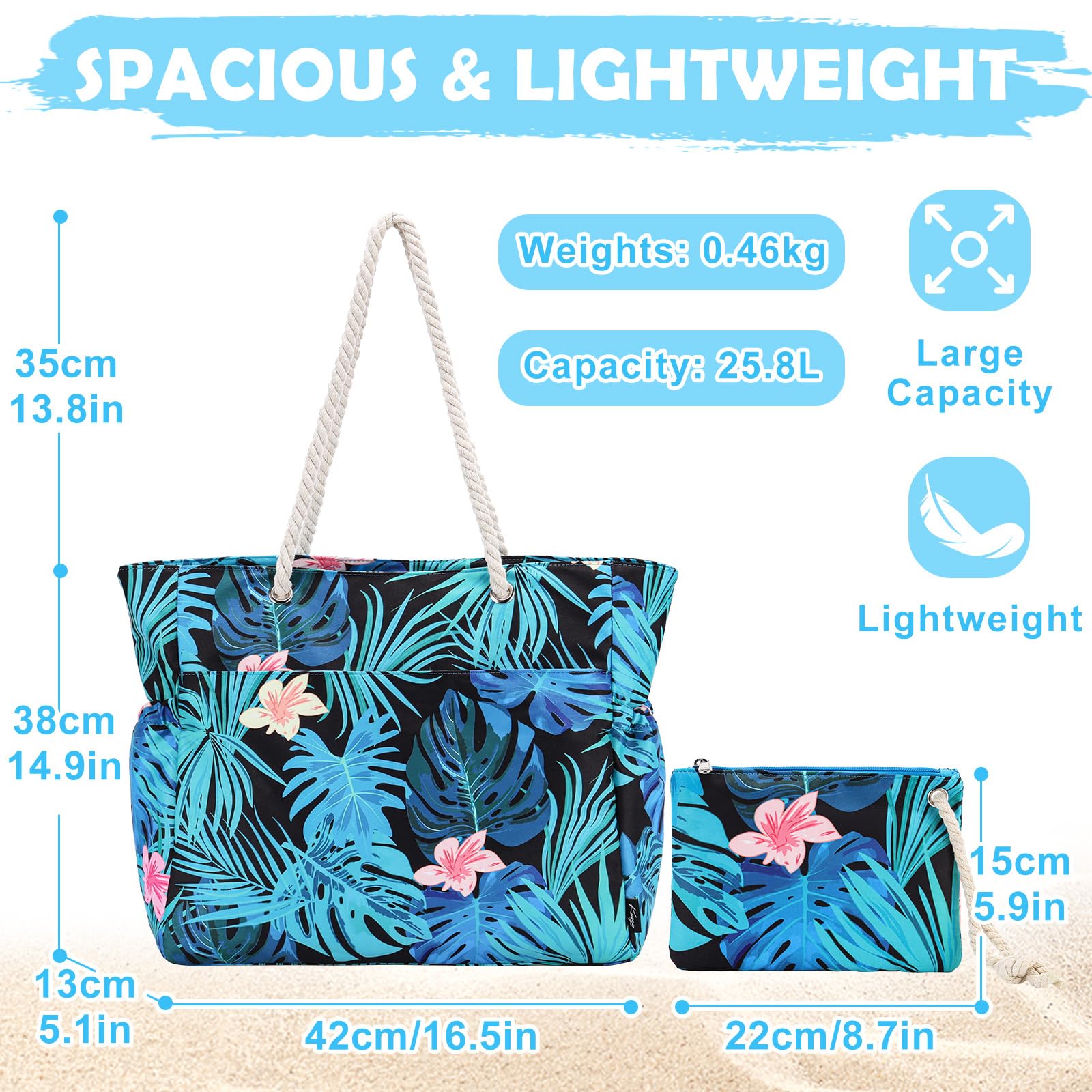 Kasqo Large Waterproof Beach Tote Bag for Women with Zipper & Small Pouch - Perfect for Swimming, Pool, Grocery Shopping, Travel & Vacation Essentials
