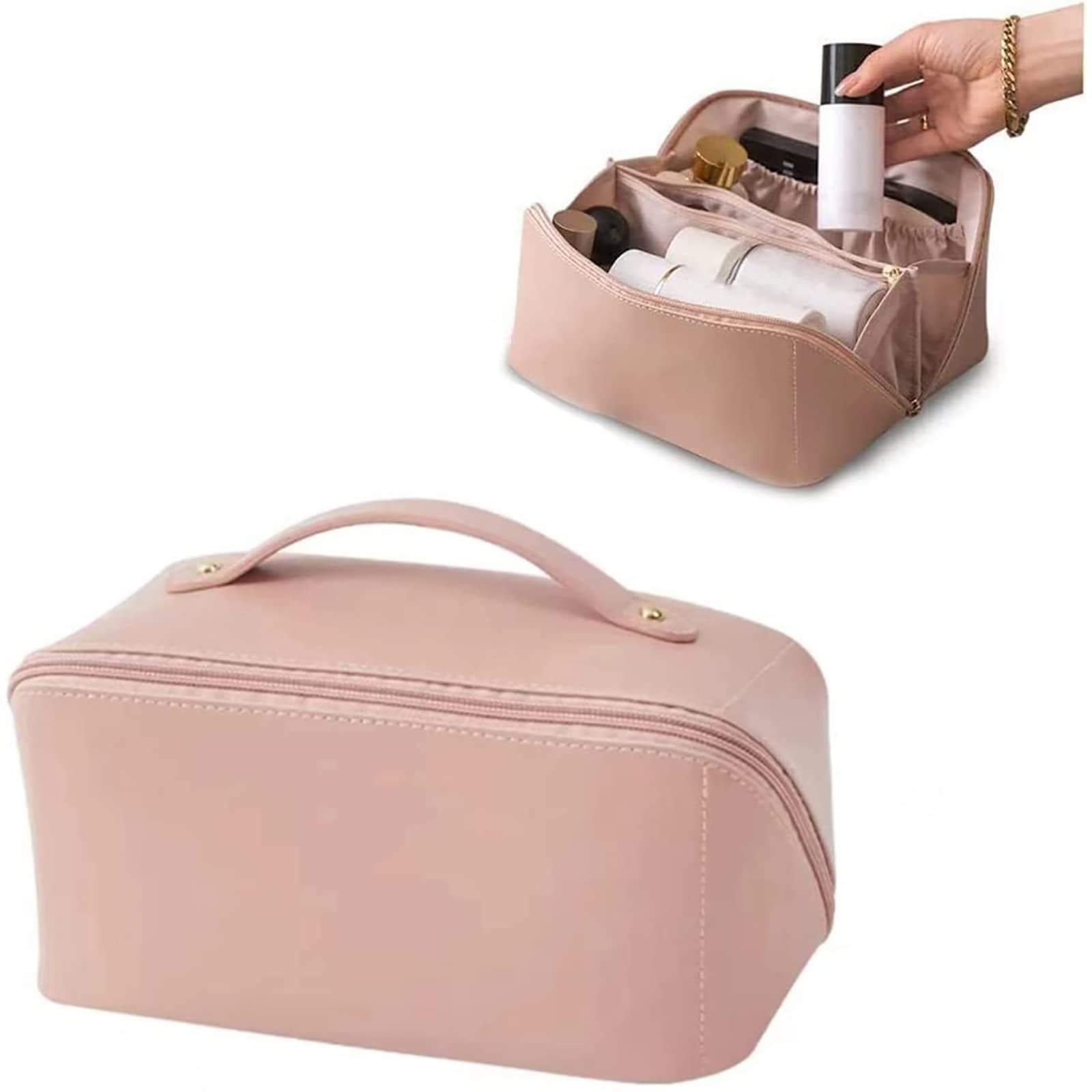 Large Makeup Bag for Women - Travel Leather Cosmetic Organizer with Handles, Spacious Pink Toiletry Bag for Cosmetics Storage | Perfect for Travel, Gym, and Daily Use