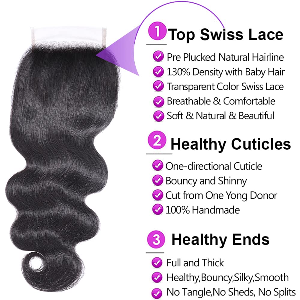 12A Brazilian Body Wave 100% Unprocessed Human Hair Bundles with Closure (18 20 22 Inches + Free 18
