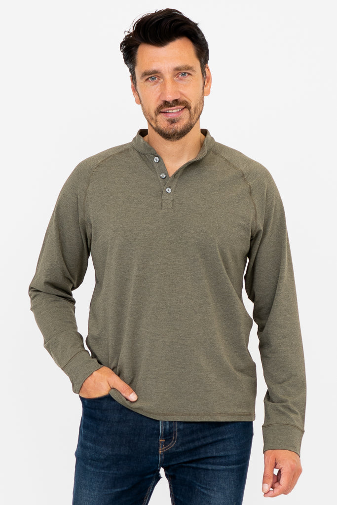 Men's Henley Shirt - Yarn-Dyed Khaki Bamboo Fabric - Casual Wear for Outdoor Activities & Everyday Comfort