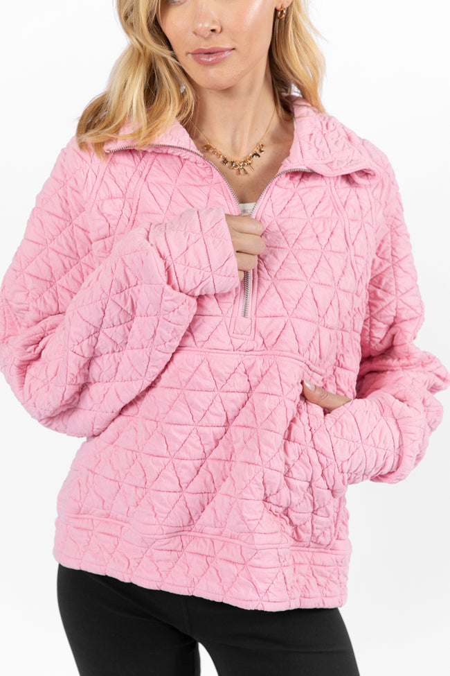 Pink Quilted Quarter Zip Pullover for Women - Cozy Fleece Jacket for Fall & Winter | Perfect for Casual Outfits, Outdoor Activities & Layering