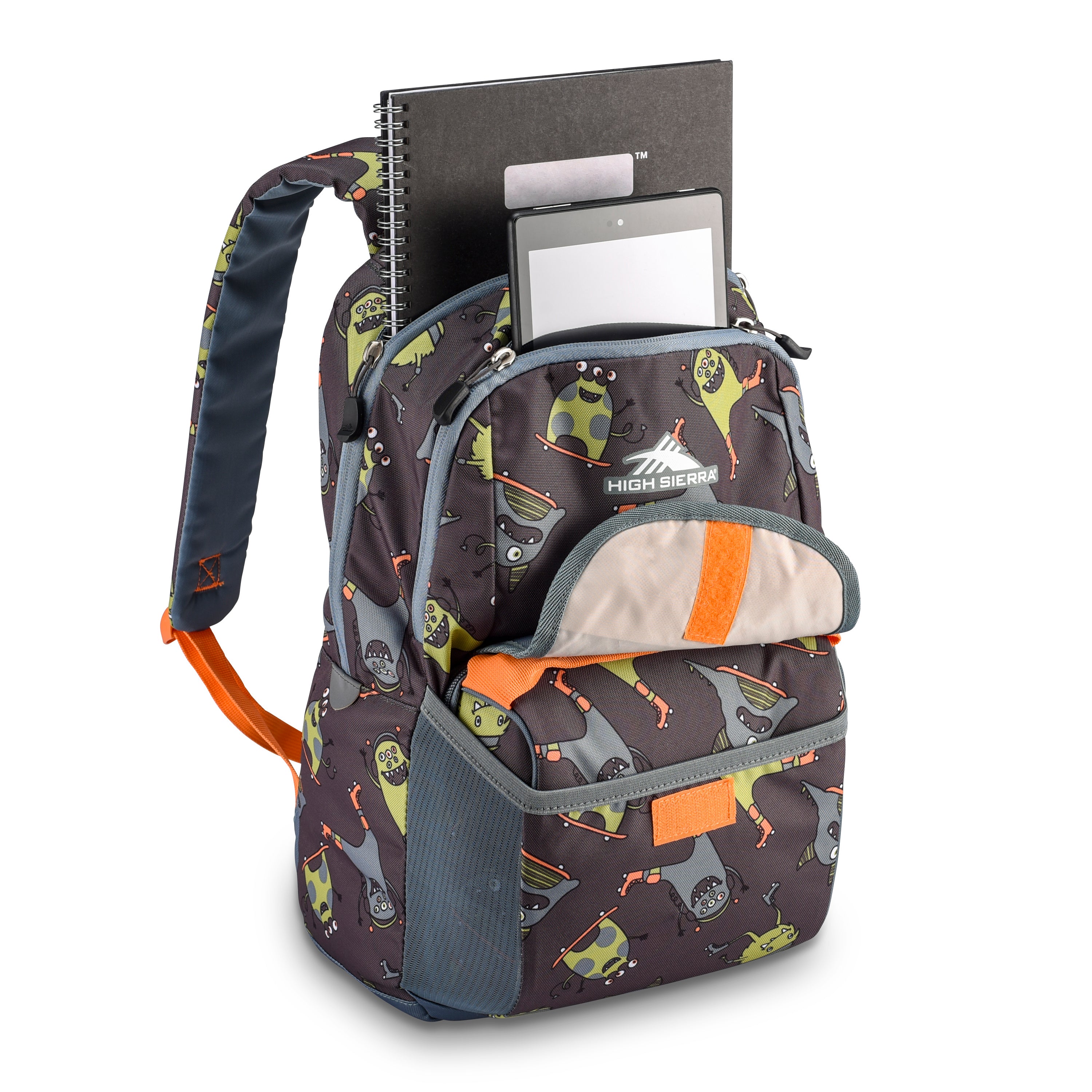 High Sierra Ollie Lunchkit Backpack - Monsters On Wheels Design, Durable Grey School Backpack for Kids & Teens - Perfect for School, Travel, and Outdoor Adventures