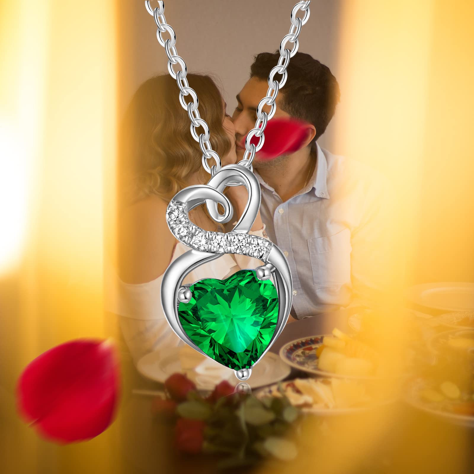 14K Solid White Gold Birthstone Necklace with Sterling Silver Chain - 1.5 CT Heart Pendant Dainty Jewelry for Women - 16