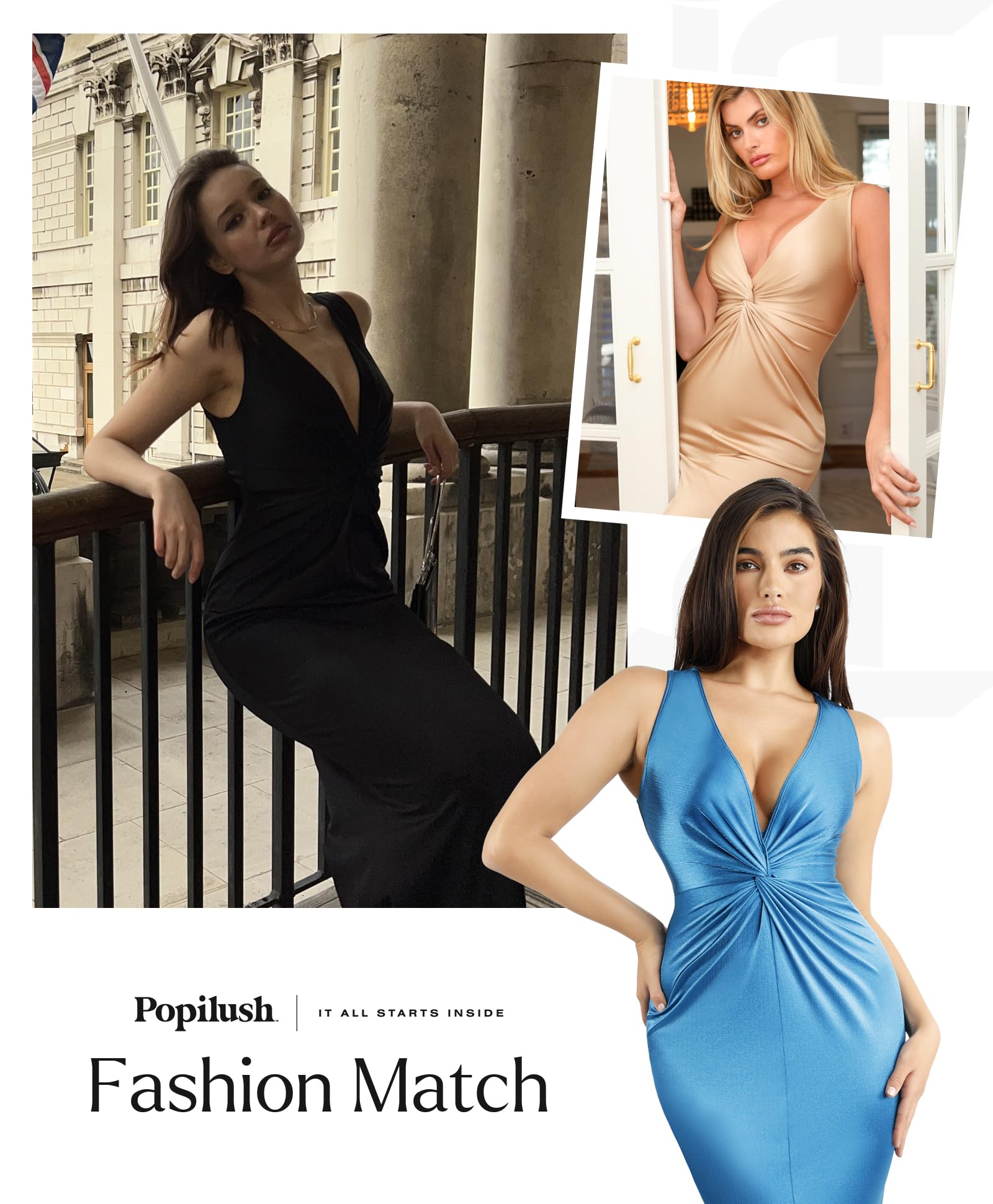 Popilush Shapewear Dress - Ruched Bodycon Maxi Dress with Deep V Neck & Built-in Shapewear, Sleeveless Formal Long Dress for Women | Perfect for Weddings, Parties & Evening Events