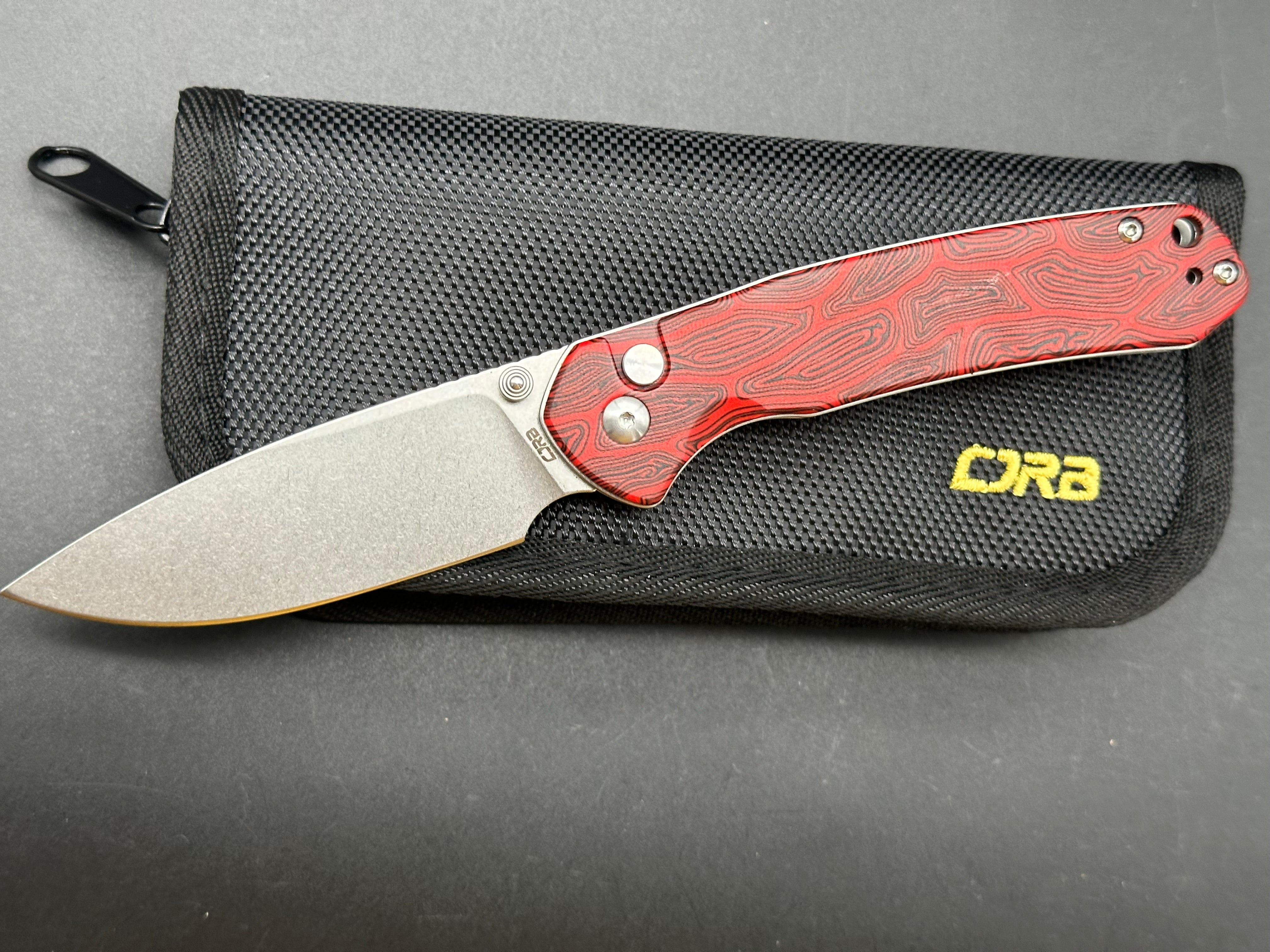 CJRB Pyrite Black & Red Damascus G10 Handle Folding Knife - AR RPM9 Steel Drop Point Plain Edge Stonewash Finish - EDC, Outdoor, Camping, Survival, and Everyday Carry