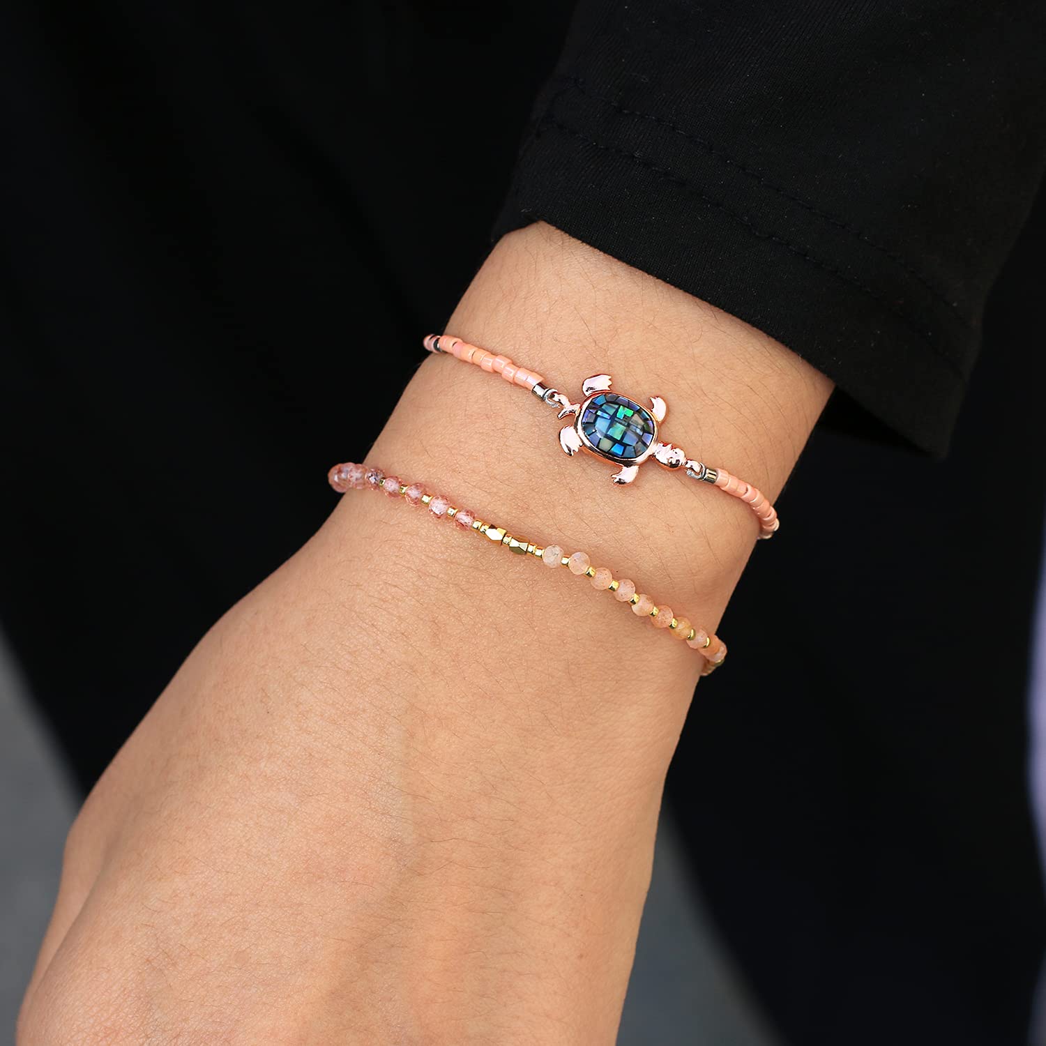 KELITCH Crystal Turtle Charm Bracelet - Miyuki Beaded Thin Strand Friendship Bracelet for Women - Adjustable Multi Color Jewelry Gift for Best Friends, Birthday, Anniversary & Everyday Wear