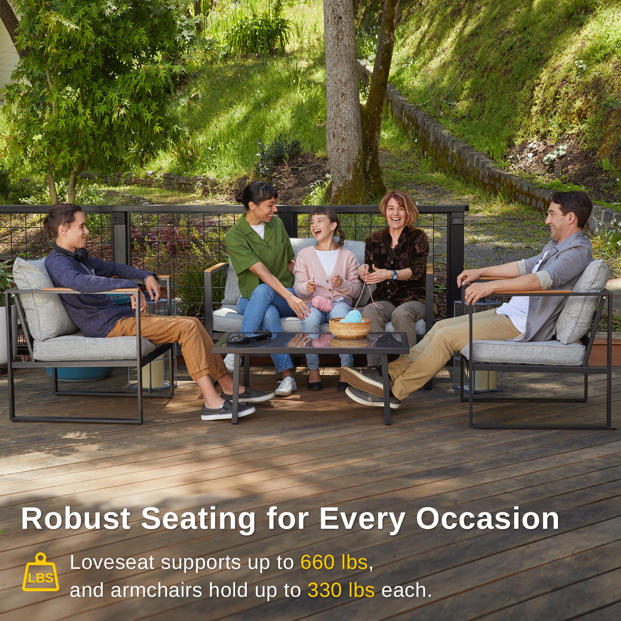 EAST OAK 4-Piece Outdoor Patio Furniture Set with Sofa, Washable Cushions & Tempered Glass Table - Light Gray & Black - Perfect for Backyard, Garden or Poolside Relaxation