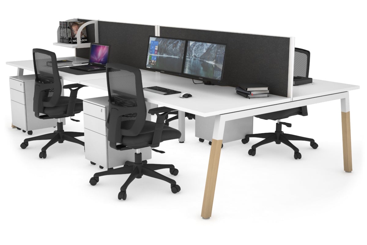 Quadro A Legs 4-Person Office Workstation with Wood Legs & Cross Beam - 1400L x 800W Dimensions, Cable Management Scallop | Perfect for Collaborative Workspaces & Modern Offices