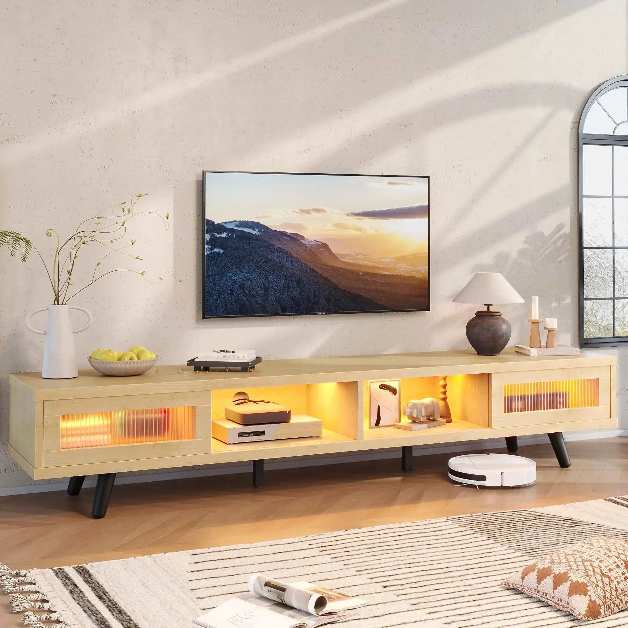 Bestier 70 Inch LED Modern Low Profile TV Stand with Storage - Slim Entertainment Center for Living Room, Bedroom & Home Theater - Perfect for Mounting Flat Screen TVs & Organizing Media Devices