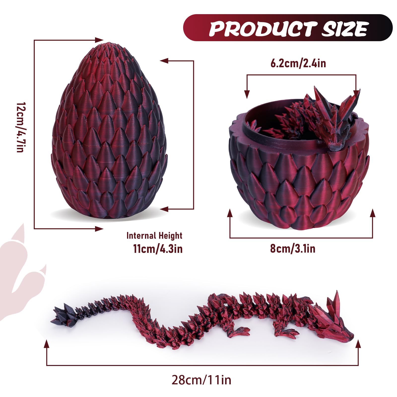 3D Printed Dragon in Egg - Articulated Fidget Toy for Adults, Desk Decor - Red & Black for Stress Relief & Office Fun