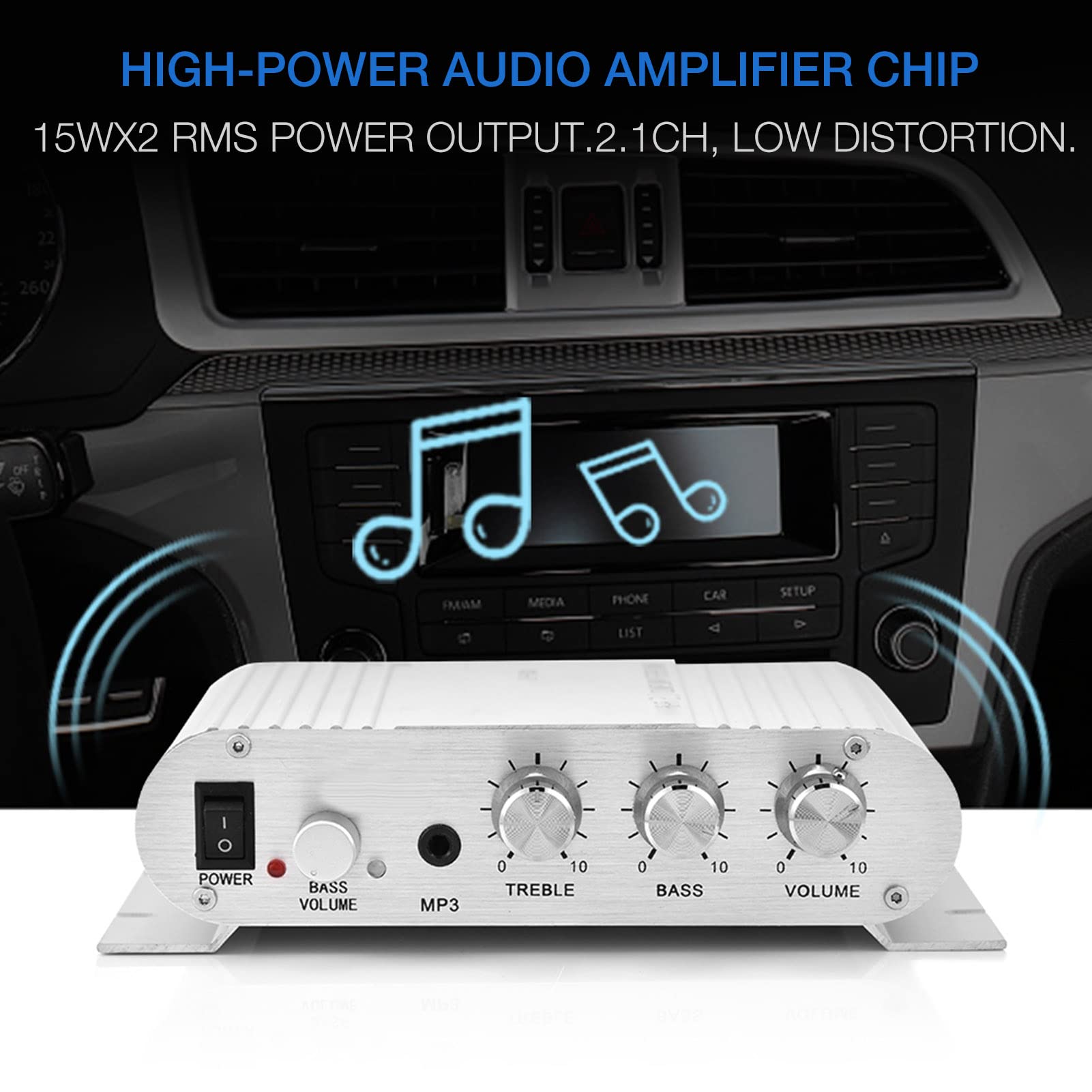 Digital Stereo Power Amplifier - Mini HiFi 2.1 Channel Bass Boost Audio System with 3.5mm Input & Dual Speaker Outputs (Silver) | Perfect for Car, Home Theater & Music Studio Setup