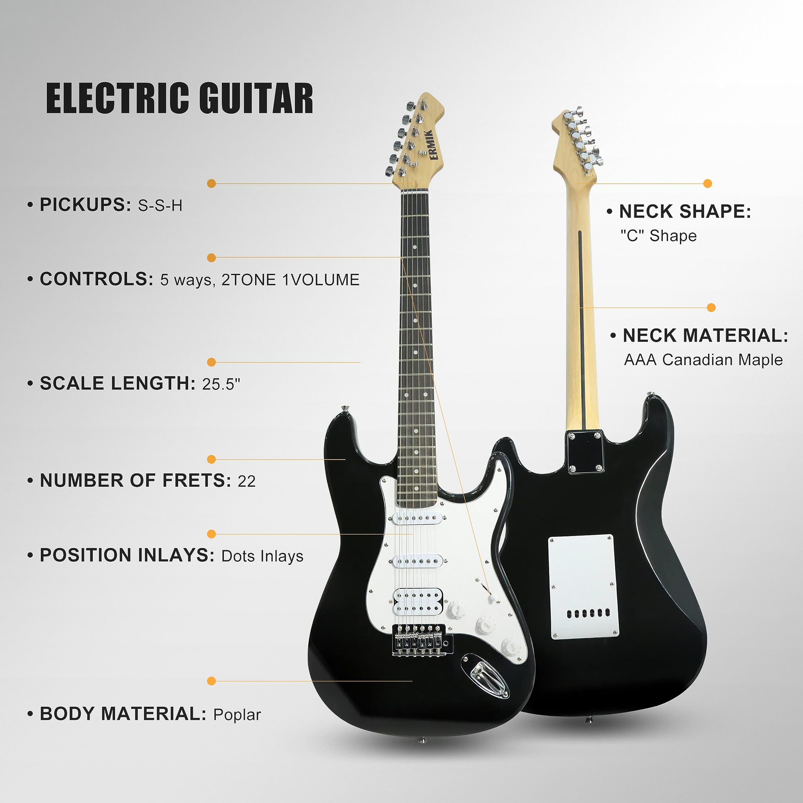 **Ermik Solid Body Electric Guitar Kit with 20W Amp, HSS Pickups, Strings, Strap, Digital Tuner, Picks, Gig Bag, Cable & Tremolo Bar – 39