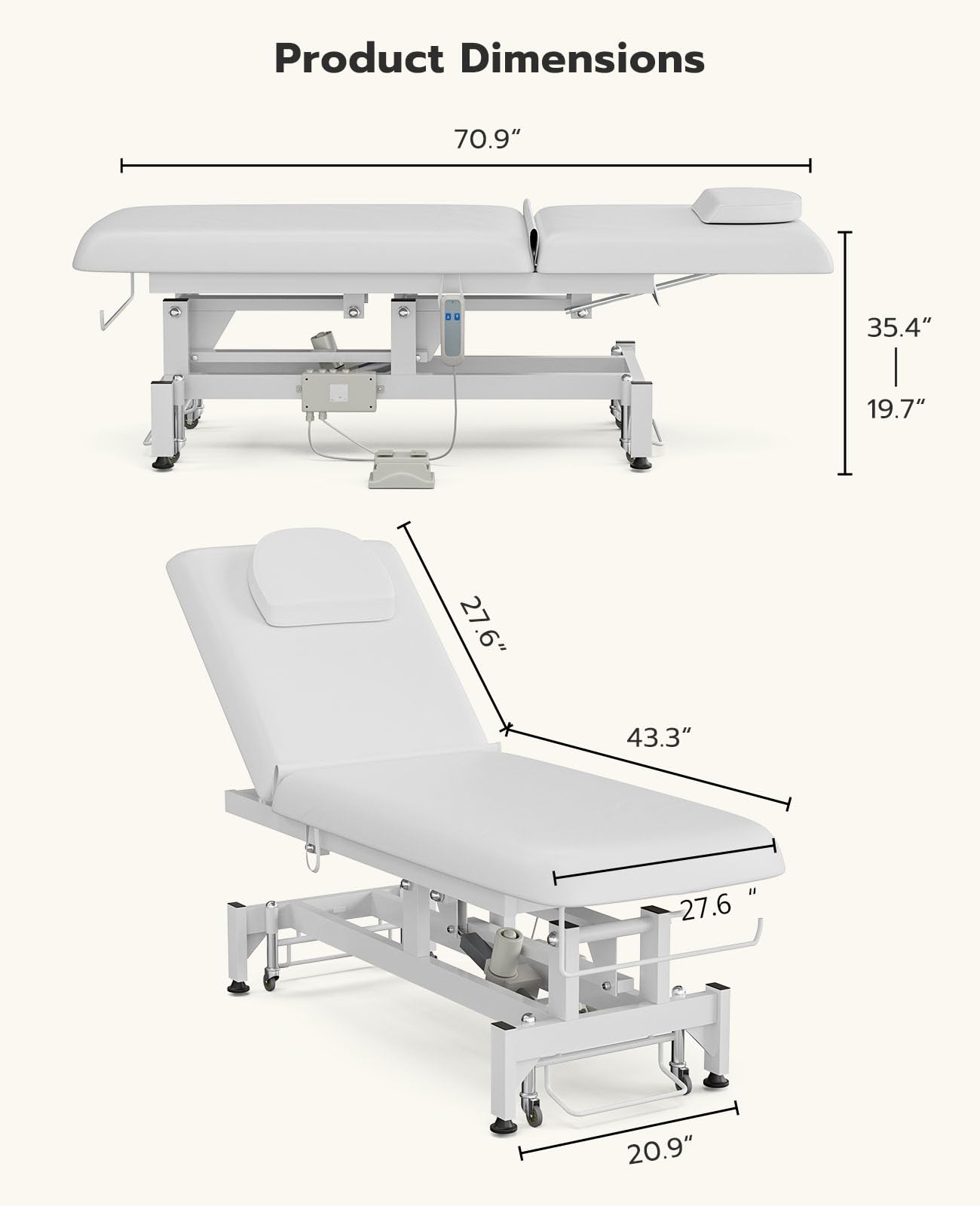 Electric Lift Massage Table with Adjustable Backrest & Face Hole - Professional Spa Facial Treatment Bed for Estheticians, Waxing & Lash Extensions - White Beauty Salon Table for Home & Clinic Use
