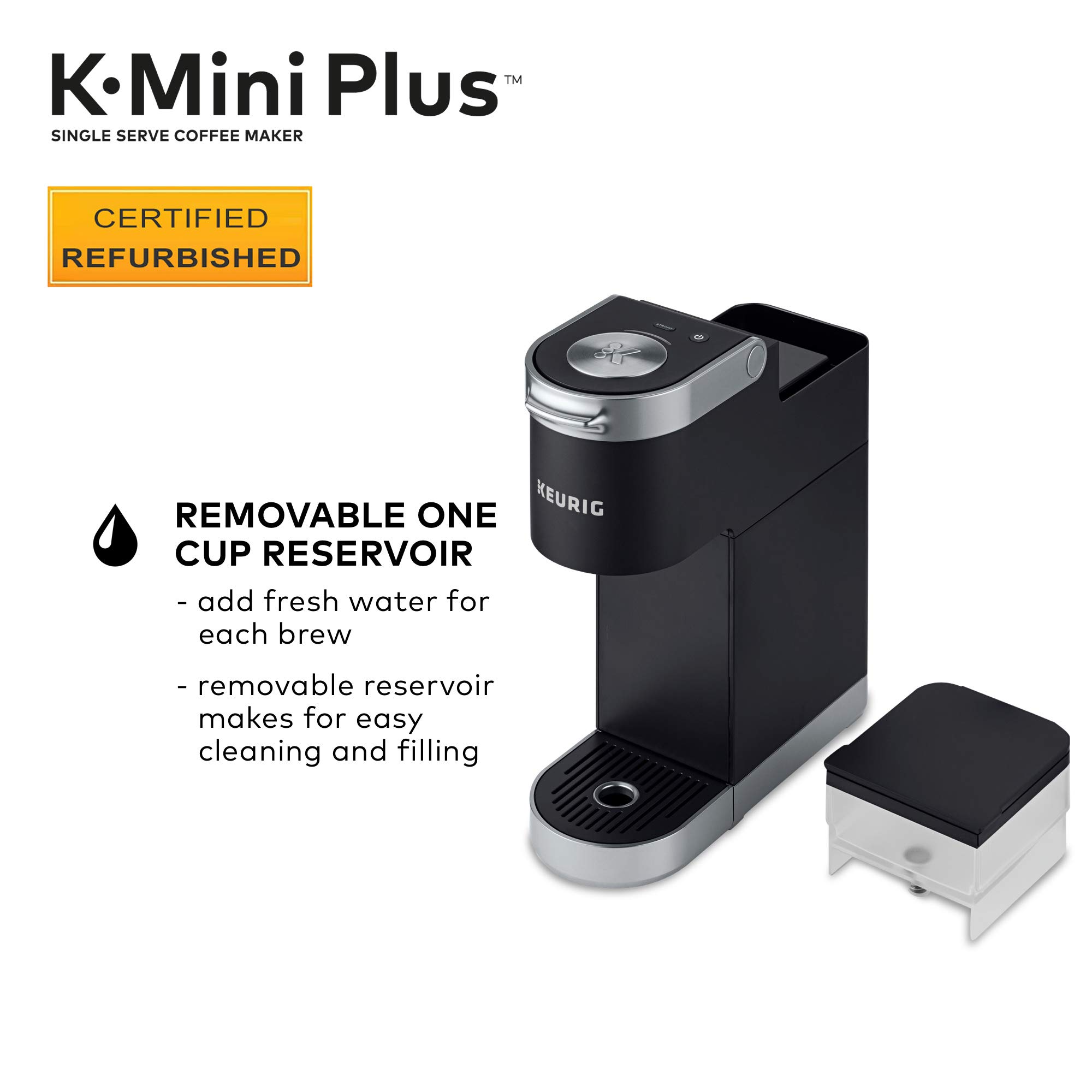 Certified Refurbished Keurig K-Mini Plus Single Serve Coffee Maker - Black (Renewed) | Compact Design for Home, Office & Dorm Use | Fast Brewing with No Water Reservoir
