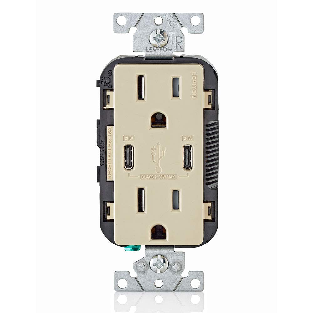 Leviton T5635-I USB Dual Type-C PD In-Wall Charger - 15A 125V Tamper-Resistant Outlet with Screwless Wall Plate (6-Pack, Ivory) - Perfect for Home, Office & Hotel USB Charging Stations