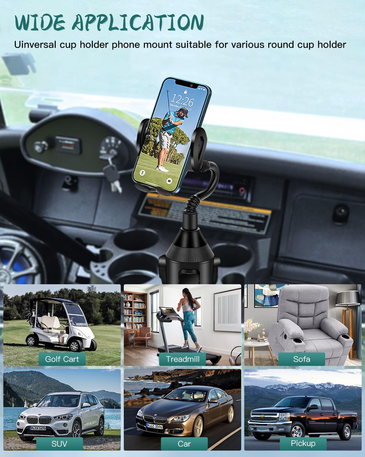 Universal Golf Cart Phone Holder - Adjustable Cup Holder Mount for 4.7-6.8