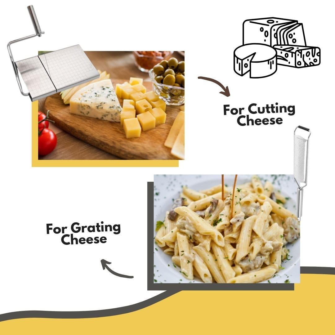 Premium Handheld Cheese Cutter & Grater Set - Stainless Steel Wire Slicer for Block Cheese with Wooden Board + 5 Replacement Wires - Perfect for Kitchen, Charcuterie Boards & Party Platters