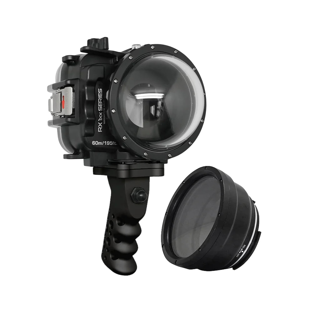 Waterproof Housing for Sony RX1xx Series - 60M/195FT Depth Rating, Aluminum Pistol Grip & 4 Dry Dome Port (Black) - Ideal for Underwater Photography, Scuba Diving, and Marine Exploration